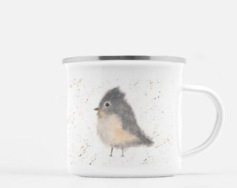 Titmouse Bird Lovers Camp Mug, Watercolor Metal Camp Mug