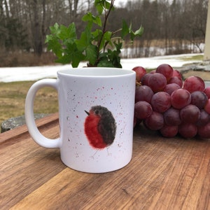 Red Robin Watercolor Mug, Whimsical Bird Gift Mug, Double Sided Ceramic Mug