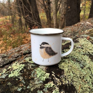 Chickadee Camp Mug, Metal Camp Mug Sliver Rim, Black Rim Camp Mug, Bird Lovers Mug