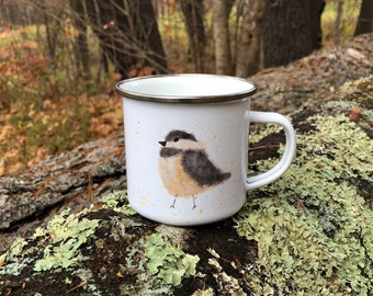 Chickadee Camp Mug, Metal Camp Mug Sliver Rim, Black Rim Camp Mug, Bird Lovers Mug