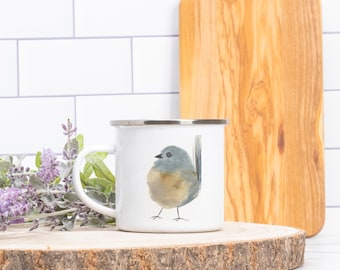 Whimsical Blue Bird Metal Camp Mug, Bird Lovers Mug, Original Watercolor Art, Children's Mug, Camping Coffee Mug,