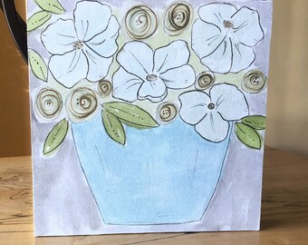 Canvas Floral Print on Painted Wood Block Frame,  6x6 Shelf Sitter or Wall Décor, Watercolor Floral, Cottage Style, Mother’s Day Gift