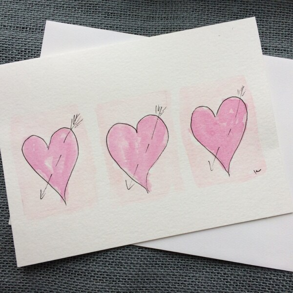 Love Hearts Original Hand Painted Watercolor Card, Anniversary Hand Painted Watercolor Card,