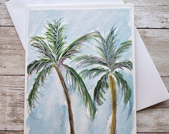 Tropical Palm Trees Watercolor Greeting Card, Original Watercolor Art, Card Art, Handmade, Mixed Media Greeting, Mothers Day Card