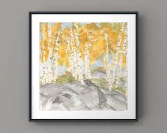 Golden Birch’s ORIGINAL Watercolor, Square 8x8” Fine Art, Birch Tree Painting, Not A Print