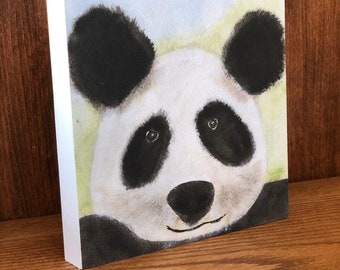 Panda Bear Watercolor Canvas On Wood Block, Nursery Art, 6”x6” Hanging or Shelf Sitter