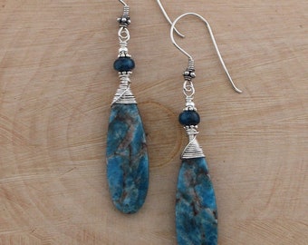 Apatite Earrings with Sterling Silver, Teal Blue Teardrop Dangles, Apatite Jewelry