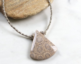 Indonesian Fossil Coral Necklace with Hill Tribe Silver, Thai Silver Beaded Necklace with Organic Stone Pendant