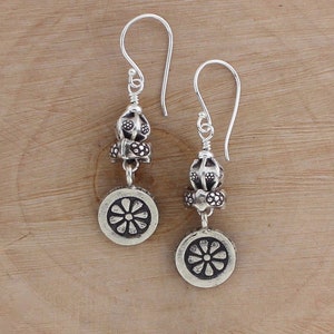 Thai Hill Tribe Silver Daisy Earrings, Rustic Silver Dangles, Flower Jewelry