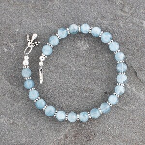 Blue Aquamarine Bracelet with Sterling Silver, Light Blue Beaded Bracelet with Charms, Aquamarine Jewelry
