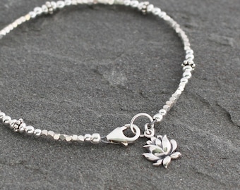 Sterling Silver Beaded Bracelet with Lotus Flower, Dainty Silver Bracelet, Nature Jewelry