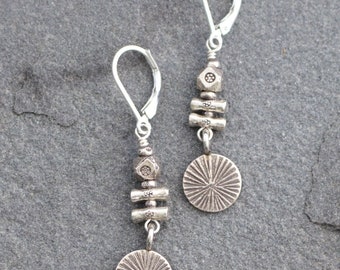 Karen Hill Tribe Silver Leverback Earrings, Rustic Silver Dangles, Thai Fine Silver Jewelry