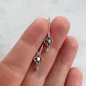 Extra Small Sterling Silver Flower Earrings on Lever Backs, Petite Silver Drops, Sweet Gift for Her