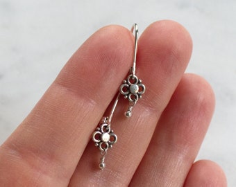 Extra Small Sterling Silver Flower Earrings on Lever Backs, Petite Silver Drops, Sweet Gift for Her