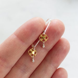 Extra Small Mixed Metal Flower Earrings on Lever Backs, Petite Gold Vermeil and Sterling Silver Drops, Sweet Gift for Her