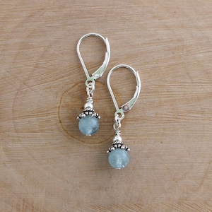 Blue Aquamarine Earrings, Light Blue Gemstone Dangles, Sterling Silver Lever back Drops