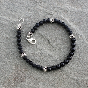 Black Onyx Bracelet with Sterling Silver, Black Gemstone Beaded Bracelet, Onyx Jewelry