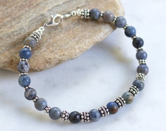 Dumortierite Beaded Bracelet with Turkish Sterling Silver, Earthy Blue Stone Jewelry