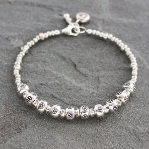 Thai Fine Silver Beaded Bracelet: Hill Tribe Rustic Floral Charm Jewelry