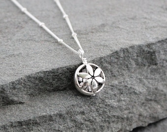Small Sterling Silver Flower Necklace on Dainty Beaded Chain, Silver Daisy Jewelry, Everyday Necklace, Sweet Gift for Her