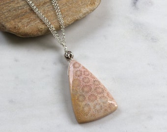 Indonesian Fossil Coral Pendant on Sterling Silver Chain, Organic Stone Necklace with Thai Hill Tribe Silver