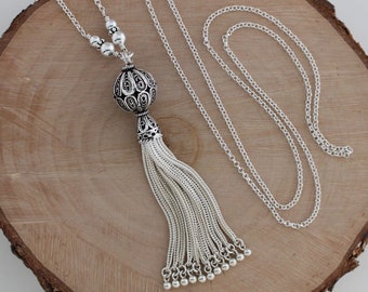 Sterling Silver Turkish Filigree Tassel Necklace on Long Chain, Silver Tassel Jewelry