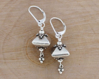 Bali Silver Pyramid Earrings, Balinese Sterling Silver Leverback Dangles