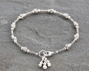 Thai Silver Beaded Bracelet with Charms, Karen Hill Tribe Silver Jewelry, Rustic Stacking Bracelet