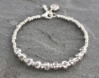 Thai Fine Silver Beaded Bracelet: Hill Tribe Rustic Floral Charm Jewelry