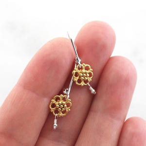 Small Mixed Metal Flower Earrings, Gold Vermeil and Sterling Silver Lever Back Dangles, Sweet Gift for Her