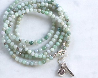 Burmese Jade and Thai Silver Wrap Bracelet, Pale Green Multi Strand Jadeite Gemstone Bracelet, Long Boho Bead Necklace