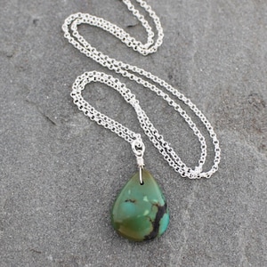 Turquoise and Sterling Silver Necklace on Chain, Teal Green Teardrop Pendant Necklace