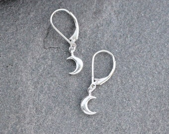 Sterling Silver Crescent Moon Earrings, Extra Small Leverback Moon Earrings, Celestial Jewelry