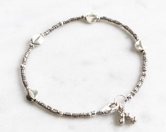 Thai Silver Beaded Bracelet with Charms, Rustic Karen Hill Tribe Silver Beaded Jewelry