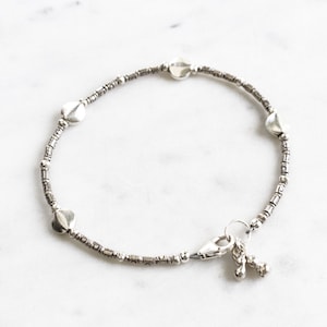 Thai Silver Beaded Bracelet with Charms, Karen Hill Tribe Silver Beaded Jewelry, Rustic Stacking Bracelet