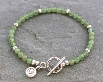 Green Garnet and Thai Hill Tribe Silver Toggle Bracelet with Lotus Charm, Beaded Green Stone Bracelet with Fine Silver