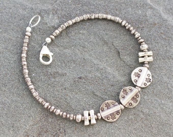 Thai Hill Tribe Silver Beaded Bracelet, Rustic Stacking Bracelet, Tribal Style Jewelry