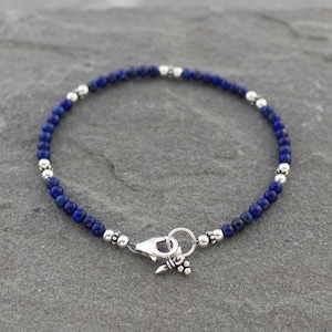 Lapis Lazuli Bracelet With Sterling Silver and Charms, Skinny Beaded Bracelet, Blue Lapis Jewelry