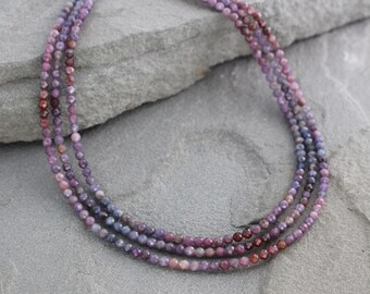 Natural Purple Ruby and Sapphire Beaded Necklace, Ombre Gemstone Necklace with Sterling Silver, One of a Kind Colorful Jewelry