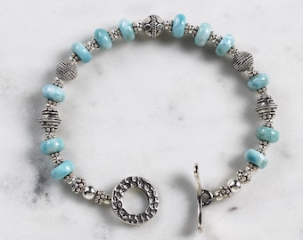 Larimar and Turkish Sterling Silver Beaded Toggle Bracelet, Larimar and Silver Jewelry