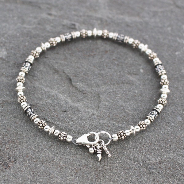 Bali and Turkish Sterling Silver Beaded Bracelet with Charms, Eclectic Balinese Silver Jewelry