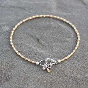 Dainty Sterling Silver and Gold Beaded Bracelet, Skinny Mixed Metal Bracelet with Charms