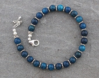 Apatite Beaded Bracelet with Sterling Silver, Blue Apatite Jewelry