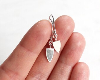 Small Sterling Silver Shield Earrings, Dainty Metal Leverback Drops, Minimalist Jewelry