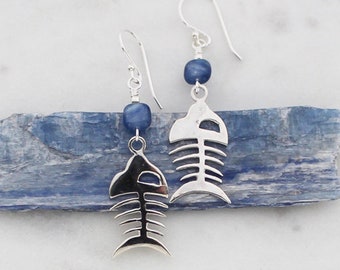 Sterling Silver Fish Earrings with Blue Kyanite, Silver Fish Dangles, Blue Stone Earrings, Aquatic Jewelry