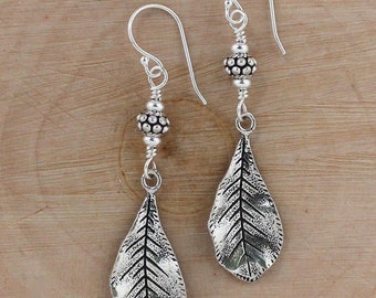 Sterling Silver Leaf Earrings, Botanical Jewelry