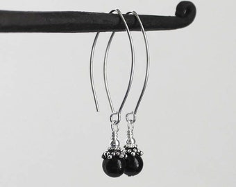 Black Onyx and Sterling Silver Drop Earrings, Everyday Jewelry, Gift for Her