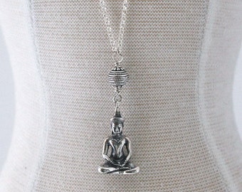Sterling Silver Buddha Necklace on Long Chain, Bali Silver Meditation Jewelry