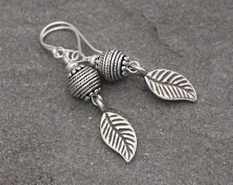 Thai Fine Silver Rustic Leaf Earrings, Turkish Silver Jewelry, Bali Bead Dangles