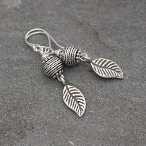 Thai Fine Silver Rustic Leaf Earrings, Turkish Silver Jewelry, Bali Bead Dangles